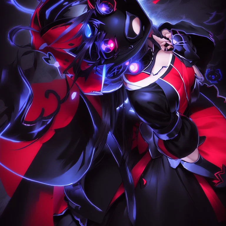 Anime girl with blue eyes and a black hat with red and white design, gapmoe Yandere grimdark, Anime Moe Art Style, 2D Anime Style, gapmoe Yandere, Shalltear Bloodfallen, Hero 2D Fan Art Art Station, Tear from Overlord, Dark Sky、 Holy Cyborg Necromancer Girl, Yandere