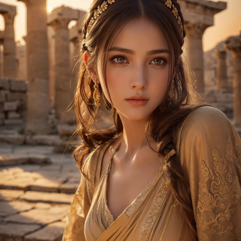 1girl, ancient greek style dress, beautiful detailed eyes, beautiful detailed lips, extremely detailed eyes and face, long eyelashes, ancient athens cityscape, ruins of ancient temples, glowing warm lighting, golden hour lighting, dramatic lighting, muted color palette, cinematic atmosphere, (best quality, 4k, 8k, highres, masterpiece:1.2), ultra-detailed, (realistic, photorealistic, photo-realistic:1.37)