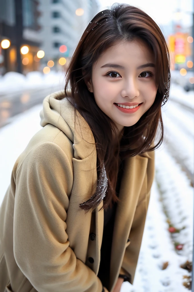ulzzang-6500-v1.1, (RAW Photos:1.2), (Photorealistic), Beautiful detailed girl, (Genuine: 1.4), Very detailed目と顔, Beautiful and fine details, ((walk on a snow-covered road:1.3)), ((elegant long coat:1.3))、Selfie、Instagram、 Huge file sizes, High resolution, Very detailed, Highest quality, [masterpiece:1.6], Awareness-raising, Very detailed, Hmph, In detail, Highest quality, 8k wallpaper, Cinema Lighting, One Girl, 17 years old, Perfect figure, Cute droopy eyes、Beautiful big eyes、 ((masterpiece)), Highest quality, One Girl, eye shadow,  Portraiture, ((Full Body Shot:1.14))、(A very loving smile:1.2)、Realistic skin texture、Glowing Skin、Exposed thighs!!!