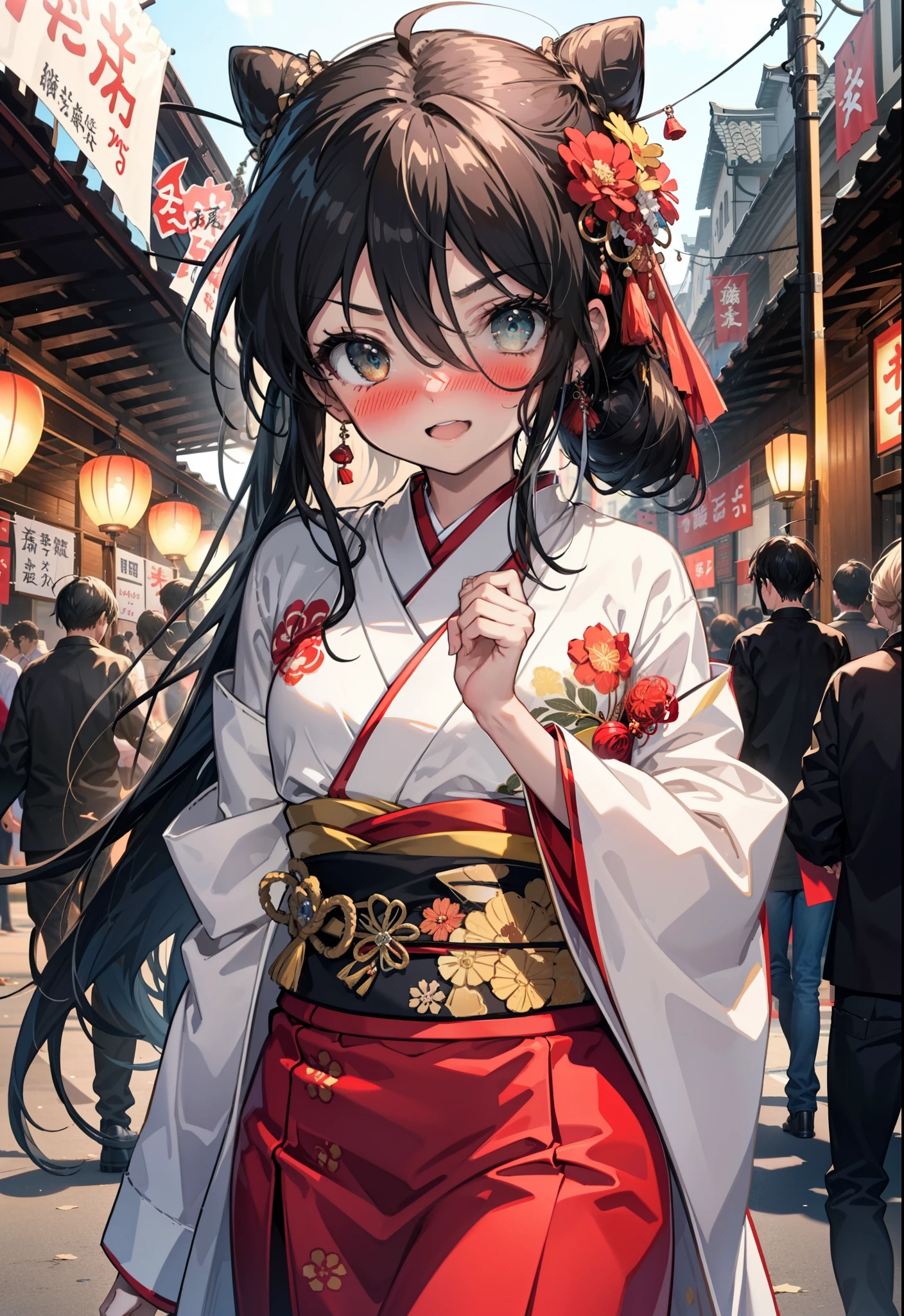 Shana,灼眼のShana,Long Hair, Redhead, Red eyes,Ahoge,smile,blush,Open your mouth,Hair Bun, single Hair Bun,blush,Red Kimono,Thick sleeves,Red long skirt,日本のfestival,夏festivalの屋台,Red lantern, break looking at viewer, Upper Body, break outdoors, shrine,festival, break (masterpiece:1.2), Highest quality, High resolution, unity 8k wallpaper, (shape:0.8), (Beautiful and beautiful eyes:1.6), Highly detailed face, Perfect lighting, Highly detailed CG, (Perfect hands, Perfect Anatomy),