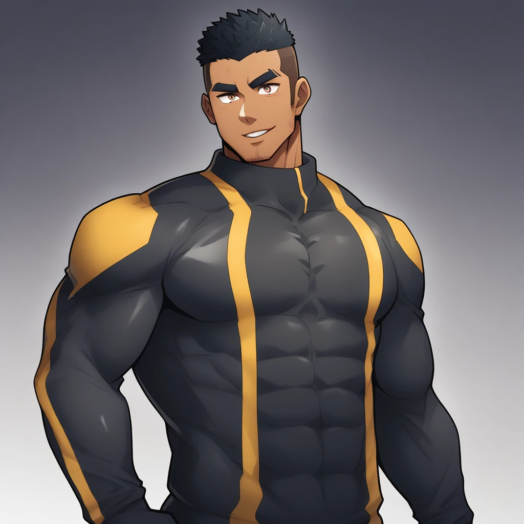 anime characters:Gyee, Muscle Sports Student, negro black skin, 1 dark skin muscular tough guy, Manliness, male focus, Dark Brown high collar long sleeve wetsuit, Matte texture, Very tight, Round, full and perky chest muscles, Slightly transparent, muscular male, muscular, only, Upper body, alone, Black short hair, Thick eyebrows, stubble, Brown eyes, Grey background, simple background, amazing quality, best aesthetics, Ridiculous, bright pupils, crew cut, parted lips, seductive smile, torogao, naughty face, best quality