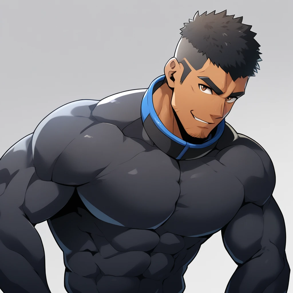 anime characters:Gyee, Muscle Sports Student, negro black skin, 1 dark skin muscular tough guy, Manliness, male focus, Dark Brown high collar long sleeve wetsuit, Matte texture, Very tight, Round, full and perky chest muscles, Slightly transparent, muscular male, muscular, only, Upper body, alone, Black short hair, Thick eyebrows, stubble, Brown eyes, Grey background, simple background, amazing quality, best aesthetics, Ridiculous, bright pupils, crew cut, parted lips, seductive smile, torogao, naughty face, best quality