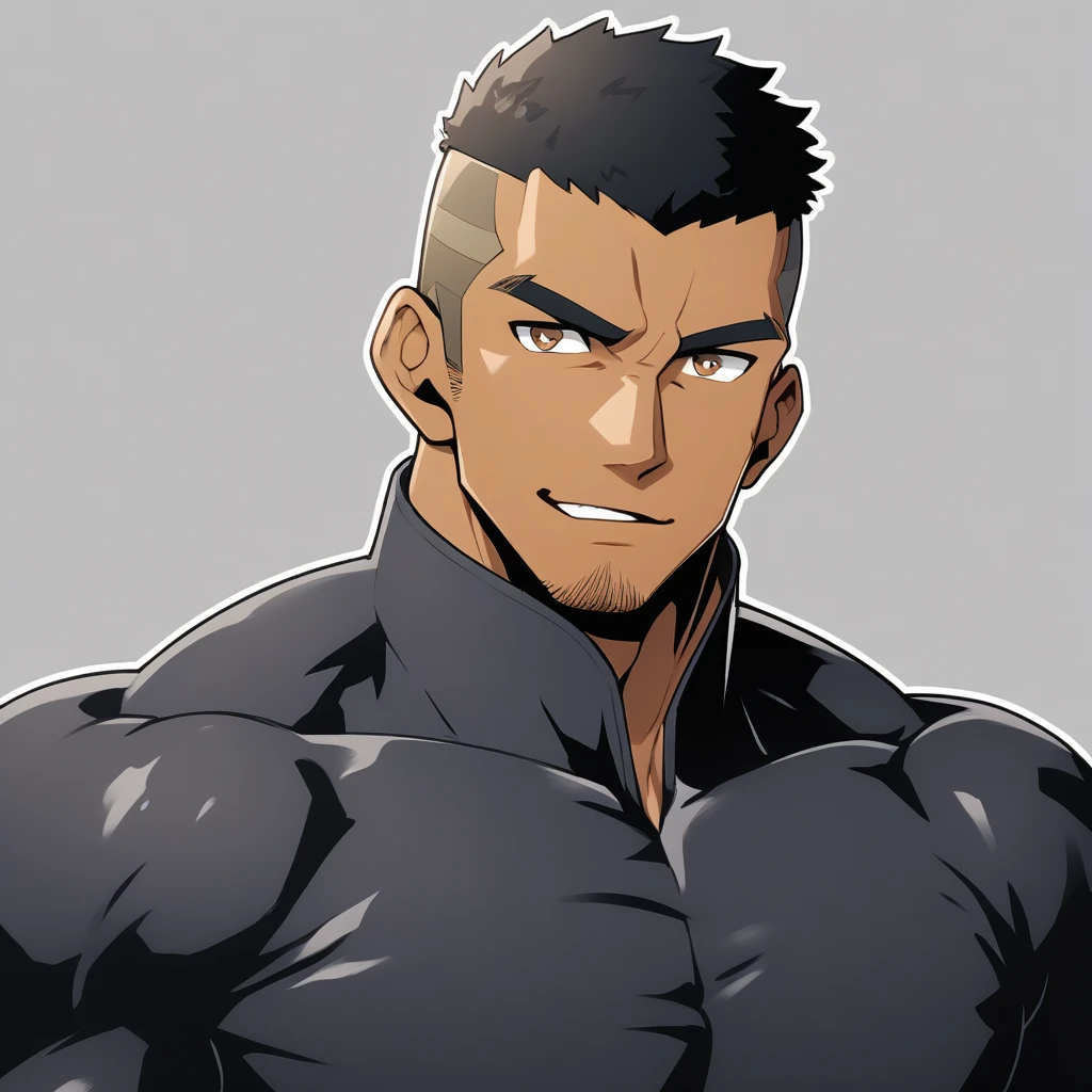 anime characters:Gyee, Muscle Sports Student, negro black skin, 1 dark skin muscular tough guy, Manliness, male focus, Dark Brown high collar long sleeve wetsuit, Matte texture, Very tight, Round, full and perky chest muscles, Slightly transparent, muscular male, muscular, only, Upper body, alone, Black short hair, Thick eyebrows, stubble, Brown eyes, Grey background, simple background, amazing quality, best aesthetics, Ridiculous, bright pupils, crew cut, parted lips, seductive smile, torogao, naughty face, best quality