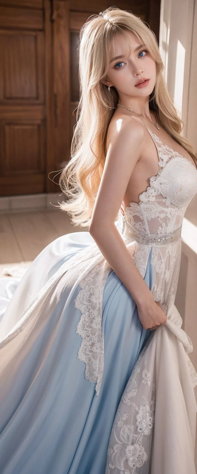 (best quality,8K,high resolution,masterpiece:1.2), soft lighting, American Woman, attack pose, showing off her ass, scan the audience, (blue eyes, long blonde hair), wedding dress, bridal gown, ([luxury tuxedo:1.2][:wedding dress:1.4]), (face:1.3), inside, Peeking through bangs, necklace, ([Cathedral:1.2], wedding), detailed lace，full body shot,Nsfw,mature,doggystyle,slightly ugly