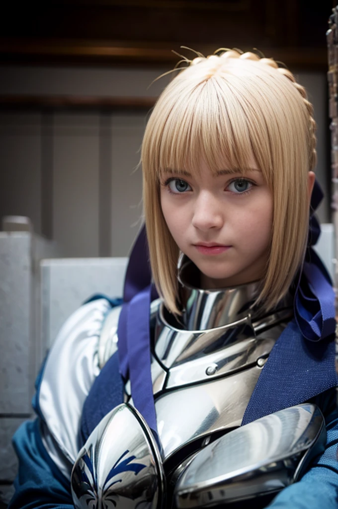 1girl,((())),(a blond), (braided single hair bun)), (huge breast:1.5), (((armor))), ((beautiful anime eyes with fine detail)), ((indigo blue ribbon)), realistic skin, (intricate details), ((lighting forward)), depth field, ((ultra high resolution, high res)), {highres}, {{very fine 8KCG wallpapers}}, {{very precise detailed}}, ((((masterpiece)))),