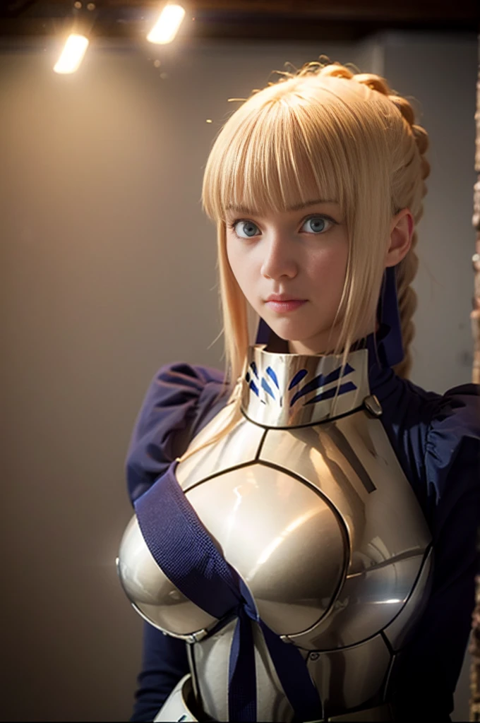 1girl,((())),(a blond), (braided single hair bun)), (huge breast:1.5), (((armor))), ((beautiful anime eyes with fine detail)), ((indigo blue ribbon)), realistic skin, (intricate details), ((lighting forward)), depth field, ((ultra high resolution, high res)), {highres}, {{very fine 8KCG wallpapers}}, {{very precise detailed}}, ((((masterpiece)))),