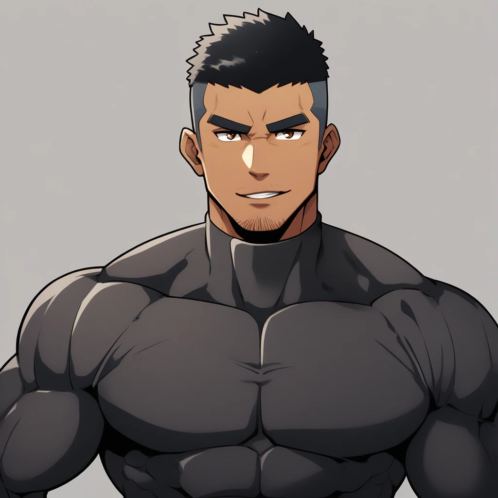 anime characters：Gyee, Muscle Sports Student, negro black skin, 1 dark skin muscular tough guy, Manliness, male focus, Dark Brown high collar long sleeve wetsuit, Matte texture, Very tight, Round, full and perky chest muscles, Slightly transparent, muscular male, muscular, only, Upper body, alone, Black short hair, Thick eyebrows, stubble, Brown eyes, Grey background, simple background, amazing quality, best aesthetics, Ridiculous, bright pupils, crew cut, parted lips, seductive smile, torogao, naughty face,  best quality