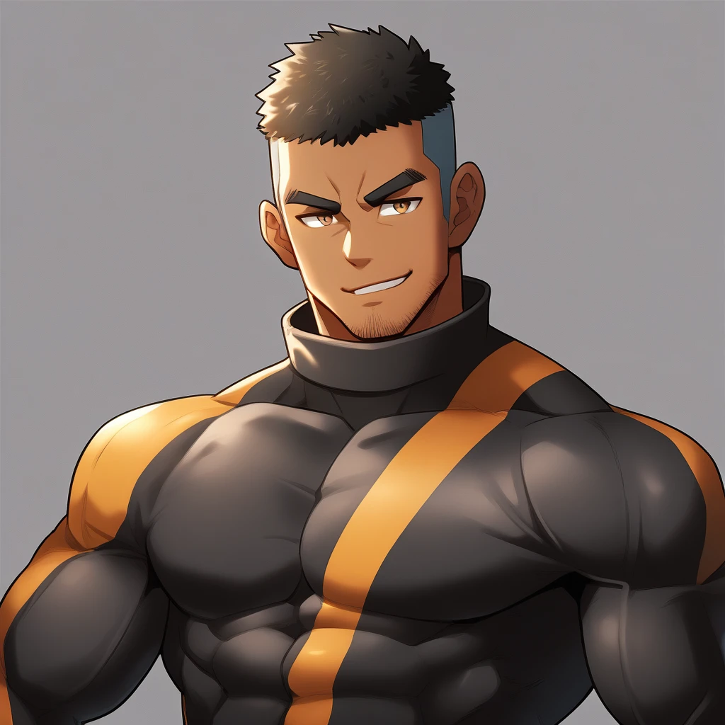 anime characters：Gyee, Muscle Sports Student, negro black skin, 1 dark skin muscular tough guy, Manliness, male focus, Dark Brown high collar long sleeve wetsuit, Matte texture, Very tight, Round, full and perky chest muscles, Slightly transparent, muscular male, muscular, only, Upper body, alone, Black short hair, Thick eyebrows, stubble, Brown eyes, Grey background, simple background, amazing quality, best aesthetics, Ridiculous, bright pupils, crew cut, parted lips, seductive smile, torogao, naughty face,  best quality