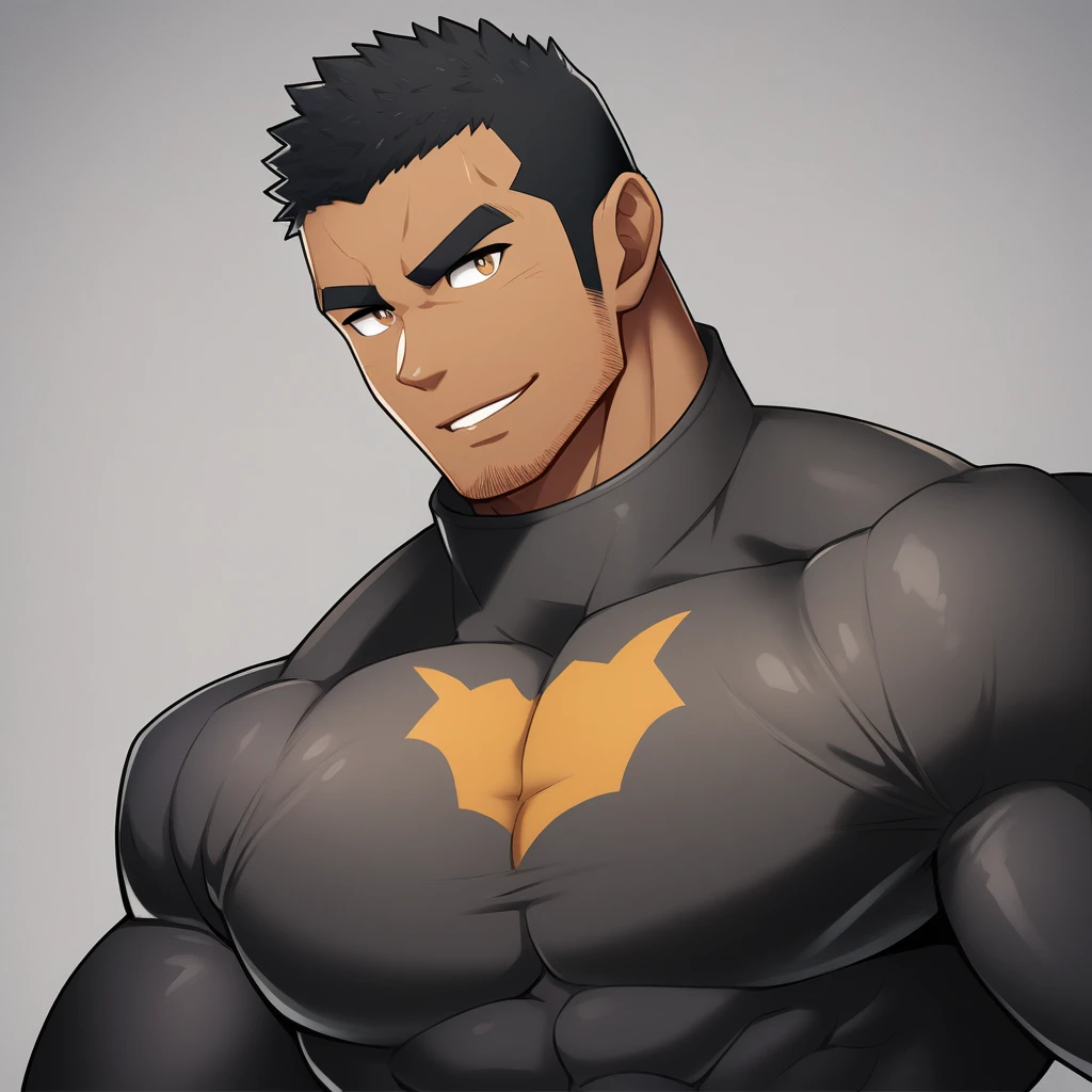 anime characters：Gyee, Muscle Sports Student, negro black skin, 1 dark skin muscular tough guy, Manliness, male focus, Dark Brown high collar long sleeve wetsuit, Matte texture, Very tight, Round, full and perky chest muscles, Slightly transparent, muscular male, muscular, only, Upper body, alone, Black short hair, Thick eyebrows, stubble, Brown eyes, Grey background, simple background, amazing quality, best aesthetics, Ridiculous, bright pupils, crew cut, parted lips, seductive smile, torogao, naughty face,  best quality