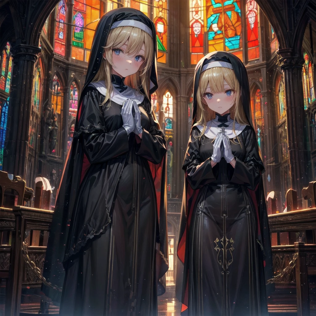 Praying with hands folded　Rubber puff sleeve　Golden Rosary　Interior background of the church　Stained glass　　sunset　Orange Room　anime　Vinyl Sister Black Veil　Nuns　Shiny black sister outfits　Blonde long hair　　Extra long black rubber gloves　cute　Pathetic　clear　Droopy eyes　I&#39;worry　Open your mouth slightly and smile　Shocking Pink Rouge　Shiny black rubber riding suit　Wet lips　The costume is shiny with lotion　Embarrassing　Blushing　Embarrassing　Big breasts that will tear your clothes　Very large breasts　Extremely distended breasts　Huge breast swelling　Looking into the camera　university student　Year: 20　Illustrated style　anime風　　beautiful girl　Cheeks pink　Blonde long hair　super curly hair　Super long sideburns　Black rubber long socks that reach down to the crotch
