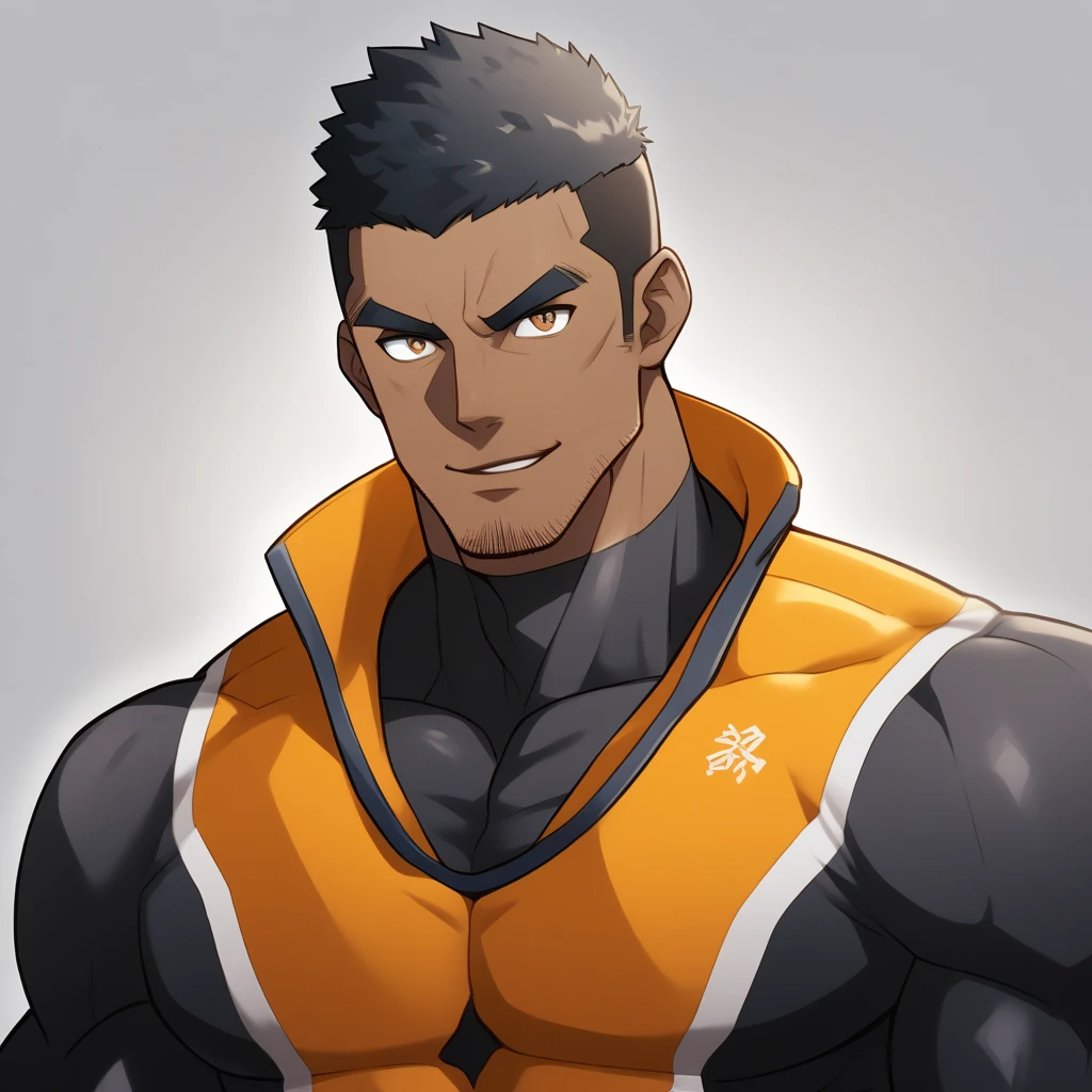 anime characters:Gyee, Muscle Sports Student, ????? black skin, 1 dark skin muscular tough guy, Manliness, male focus, Dark Brown high collar long sleeve wetsuit, Matte texture, Very tight, Round, full and perky chest muscles, Slightly transparent, muscular male, muscular, only, Upper body, alone, Black short hair, Thick eyebrows, stubble, Brown eyes, Grey background, simple background, amazing quality, best aesthetics, Ridiculous, bright pupils, crew cut, parted lips, seductive smile, torogao, naughty face, best quality