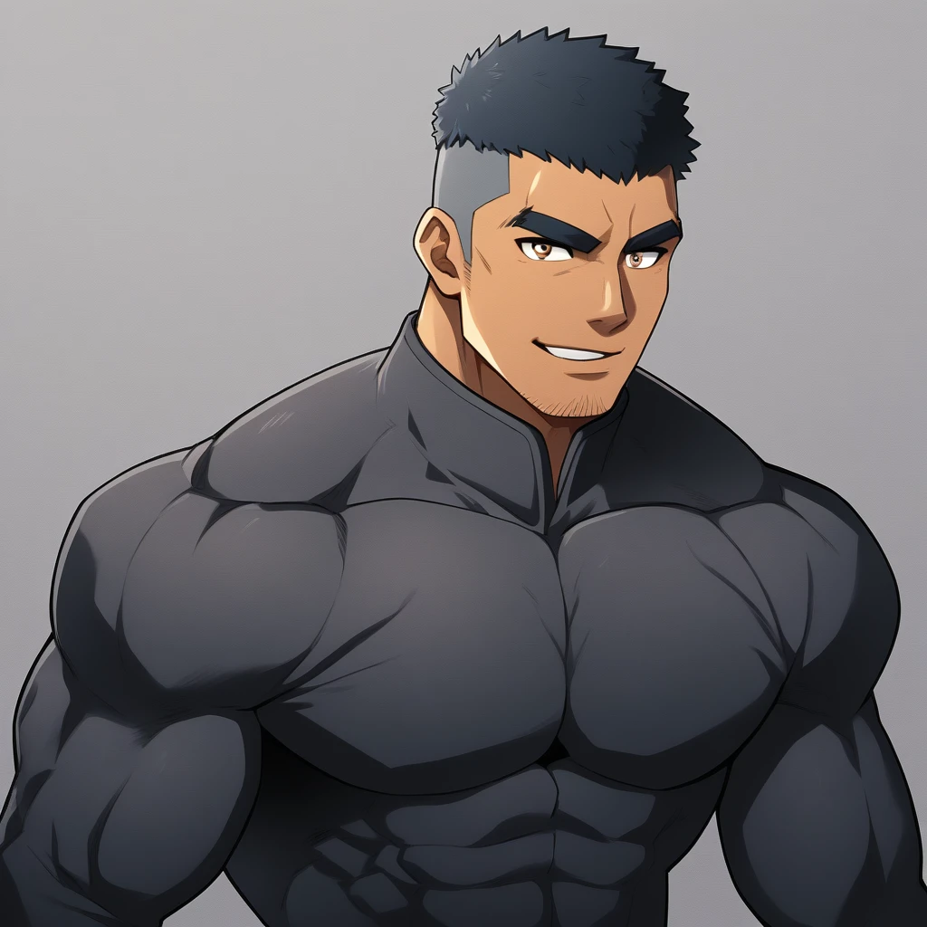 anime characters:Gyee, Muscle Sports Student, negro black skin, 1 dark skin muscular tough guy, Manliness, male focus, Dark Brown high collar long sleeve wetsuit, Matte texture, Very tight, Round, full and perky chest muscles, Slightly transparent, muscular male, muscular, only, Upper body, alone, Black short hair, Thick eyebrows, stubble, Brown eyes, Grey background, simple background, amazing quality, best aesthetics, Ridiculous, bright pupils, crew cut, parted lips, seductive smile, torogao, naughty face, best quality