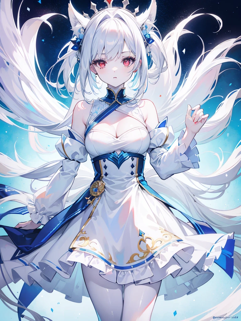 Pale skin, White hair, Blue, ((tails)), Crown Half Up, Solo,{{Best quality}}, {{Masterpiece}}, {{Ultra-detailed}}, {illustration}, {Detailed light}, Red eyes，A revealing thin dress.