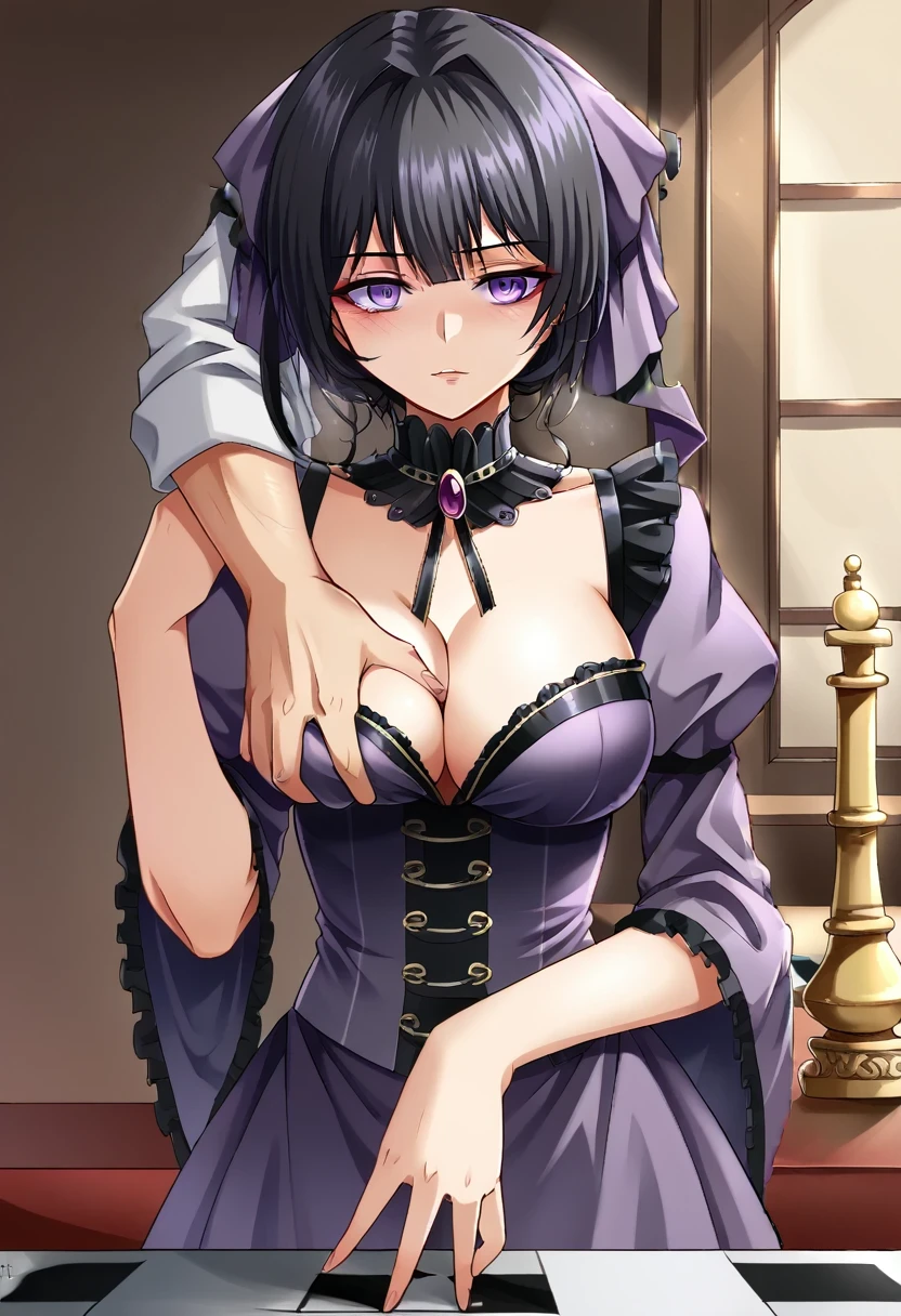 long dark black hair female, playing chess pov, beautiful, hime, straight black hair, noble attire, purple clothes, purple eyes, manhwa style, aristocrat, noble woman, mocking smirk, smart, cunning, 18 years old, elegant, grabing right breast over clothes, victorian dress, no cleavage, arm over shoulder, man out of frame, 2d, manhwa style, villainess, man  besides her