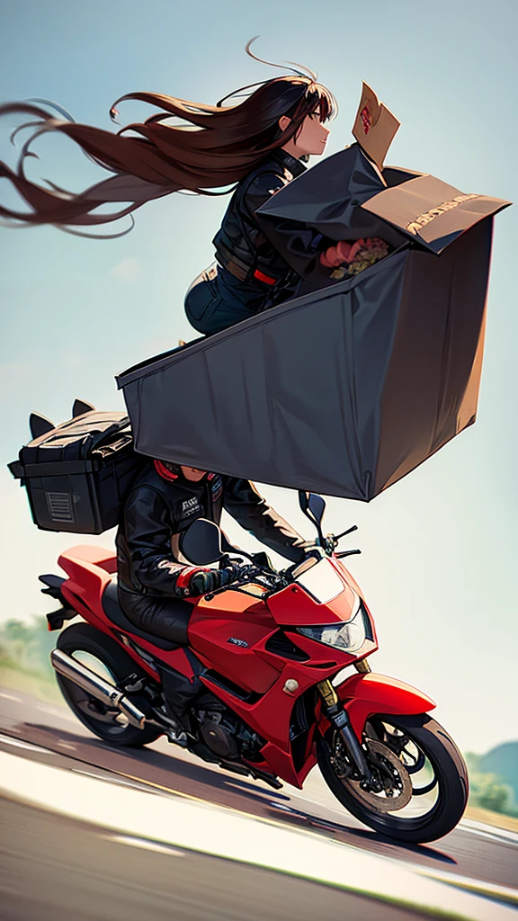 Motorcycle rider delivering food There is a food box placed on the back of the motorcycle. There are bags of food hanging on the side of the box. Food delivery riders drive motorcycles doing wheelies at high speeds.