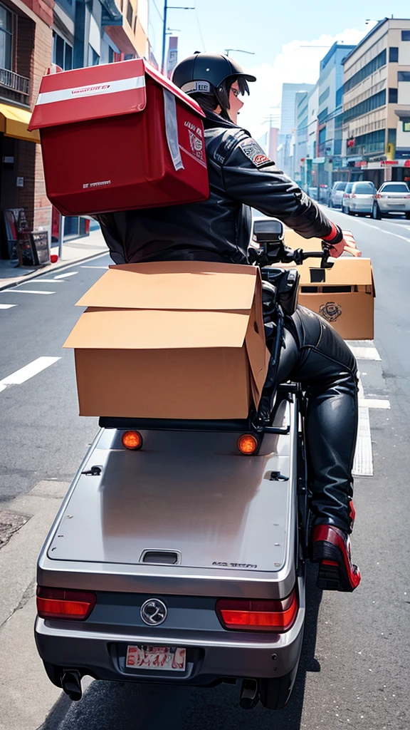 Motorcycle rider delivering food There is a food box placed on the back of the motorcycle. There are bags of food hanging on the side of the box. Food delivery riders drive motorcycles doing wheelies at high speeds.
