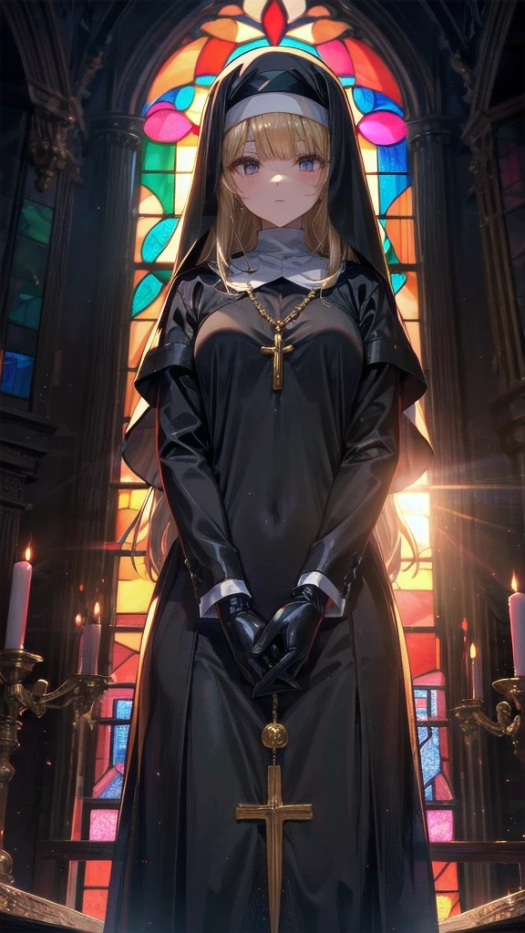 Praying with hands folded　Rubber puff sleeve　Golden Rosary　Interior background of the church　Stained glass　　sunset　Orange Room　anime　Vinyl Sister Black Veil　Nuns　Shiny black sister outfits　Blonde long hair　　Extra long black rubber gloves　cute　Pathetic　clear　Droopy eyes　I&#39;worry　Open your mouth slightly and smile　Shocking Pink Rouge　Shiny black rubber riding suit　Wet lips　The costume is shiny with lotion　Embarrassing　Blushing　Embarrassing　Big breasts that will tear your clothes　Very large breasts　Extremely distended breasts　Huge breast swelling　Looking into the camera　university student　Year: 20　Illustrated style　anime風　　beautiful girl　Cheeks pink　Blonde long hair　super curly hair　Super long sideburns　Black rubber long socks that reach down to the crotch