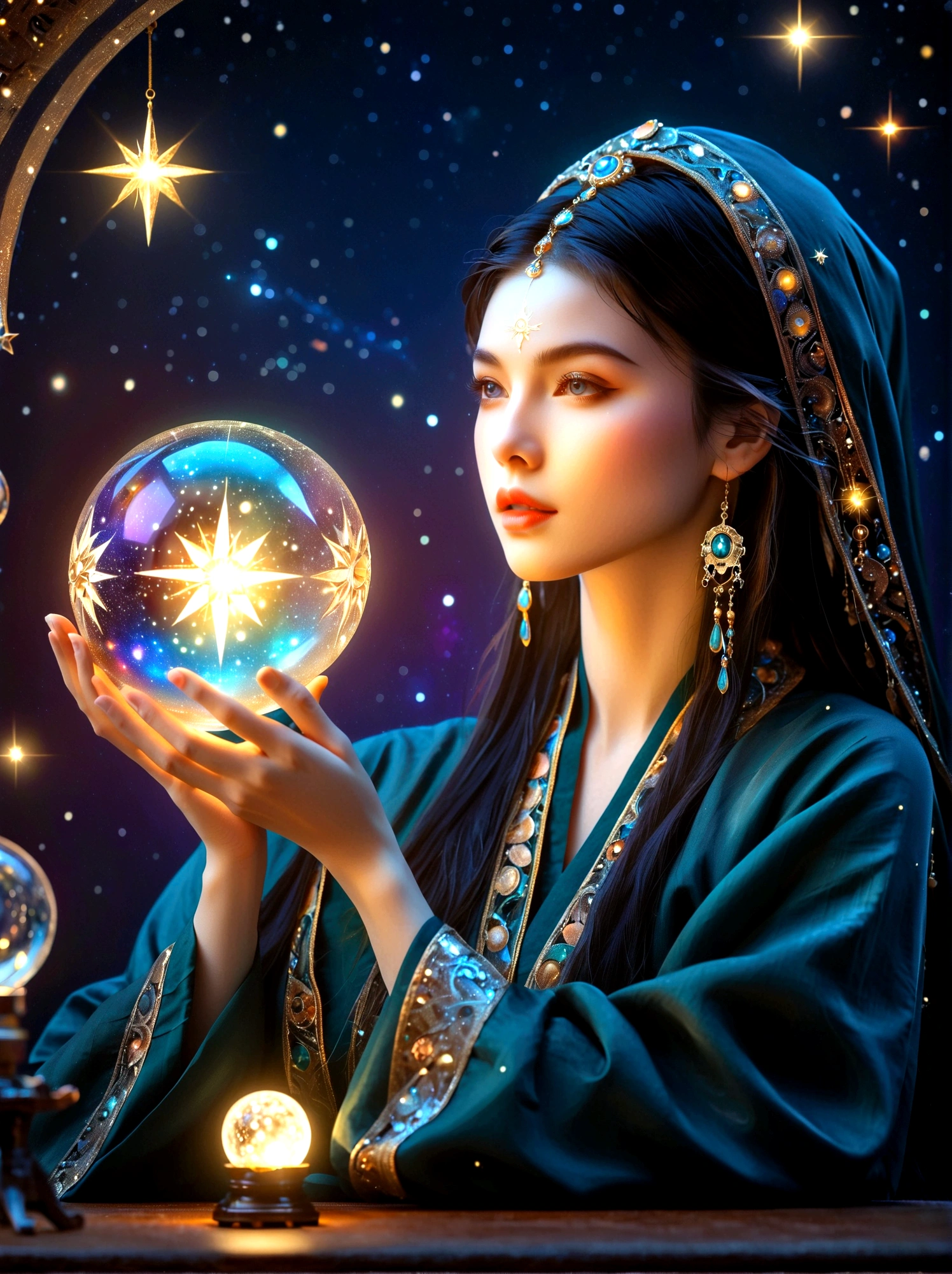 a mystic astrologer woman, flowing robes with intricate star patterns, holding a gleaming crystal ball, beautiful detailed eyes, beautiful detailed lips, long eyelashes, extremely detailed eyes and face, celestial background with stars and constellations, a desk filled with ancient scrolls and astrological tools, soft, ethereal lighting, dramatic shadows, slight bokeh effect, sharp focus, professional, vivid colors, artisan style, magical atmosphere, cosmic theme, (best quality, masterpiece:1.2), ultra-detailed, (realistic, photorealistic), illustration, 8k, highres