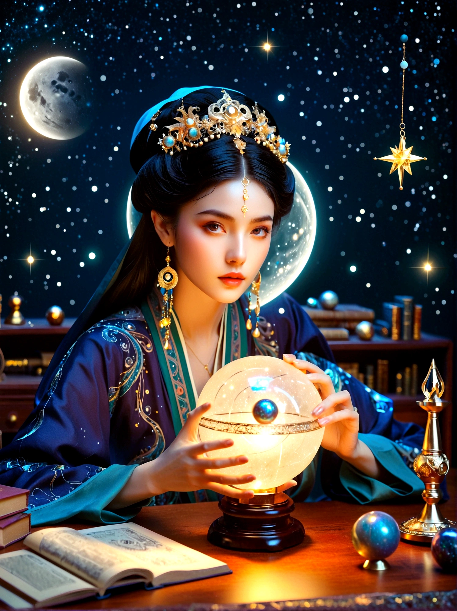 a mystic astrologer woman, flowing robes with intricate star patterns, holding a gleaming crystal ball, beautiful detailed eyes, beautiful detailed lips, long eyelashes, extremely detailed eyes and face, celestial background with stars and constellations, a desk filled with ancient scrolls and astrological tools, soft, ethereal lighting, dramatic shadows, slight bokeh effect, sharp focus, professional, vivid colors, artisan style, magical atmosphere, cosmic theme, (best quality, masterpiece:1.2), ultra-detailed, (realistic, photorealistic), illustration, 8k, highres