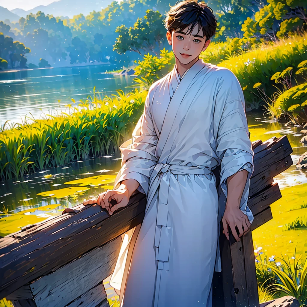 (in 8K、top-quality、​masterpiece:1.2)、1 boy、short-haired、Hair short、Brown-skinned、Purple View、