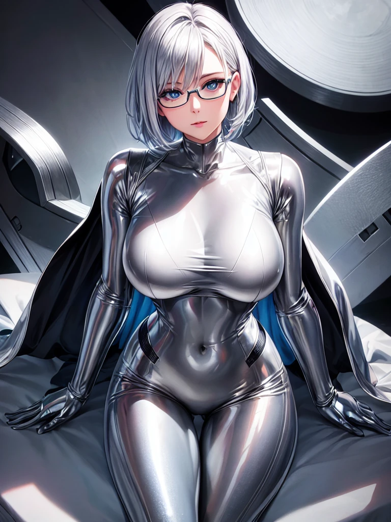 Highest quality 8K UHD、Mastepiece、Close-up、short hair、Blue Eyes、Open legs、Silver Hair、Glasses、A beautiful woman wearing a sleek silver metallic suit、Full body silver metallic rubber suit