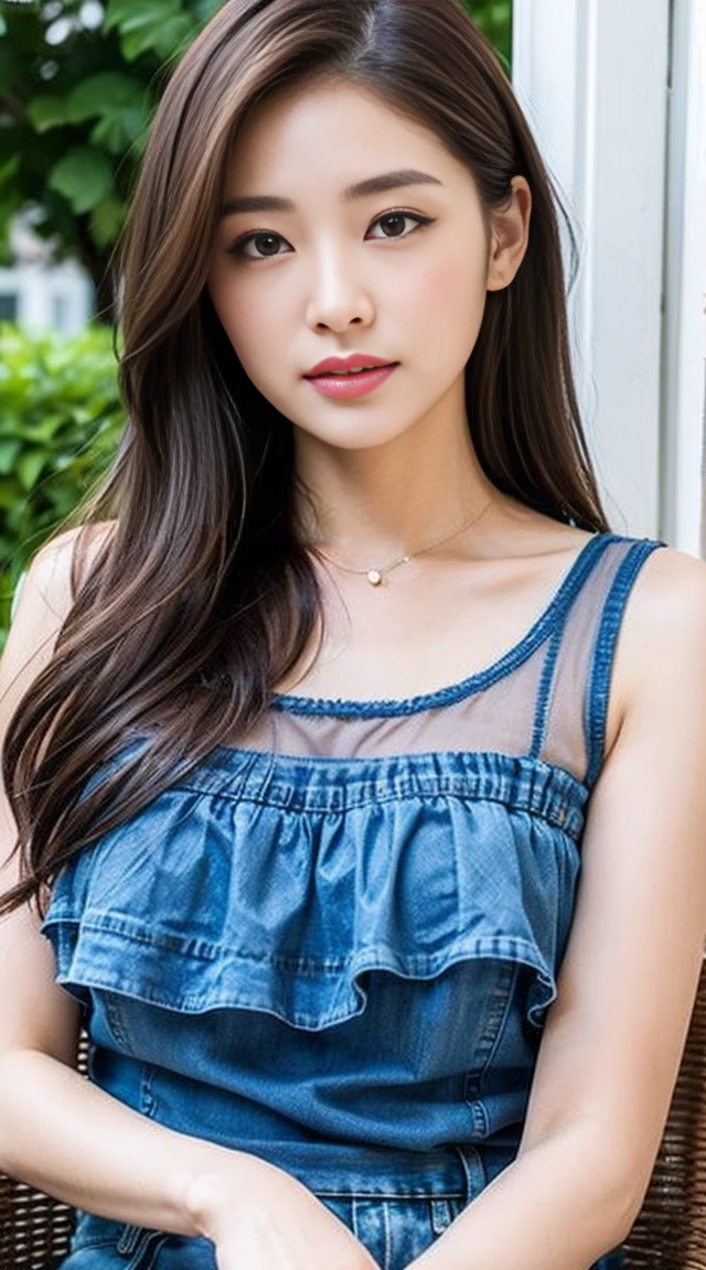 Dark brown hair、Light brown eyes、Japanese actress、 Lady、I am about 40 years old...........、(Intricate details:1.2)、 (Ultra-high resolution:1.2)、Ultra-high resolution、(Finely tuned)、(Detailed facial features)、Hmph、8K resolution、D cup size breasts、Long Hair、TulleTop、FrillsTop、Tulle　Frills　Top、Denim pants、At the terrace cafe、Basking in the sunshine、Sitting on a chair on the terrace、summer、hot、