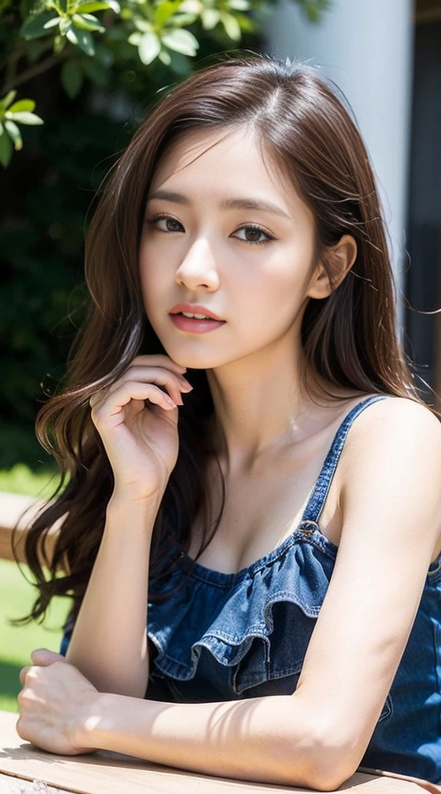 Dark brown hair、Light brown eyes、Japanese actress、 Lady、I am about 40 years old...........、(Intricate details:1.2)、 (Ultra-high resolution:1.2)、Ultra-high resolution、(Finely tuned)、(Detailed facial features)、Hmph、8K resolution、D cup size breasts、Long Hair、TulleTop、FrillsTop、Tulle　Frills　Top、Denim pants、At the terrace cafe、Basking in the sunshine、Sitting on a chair on the terrace、summer、hot、