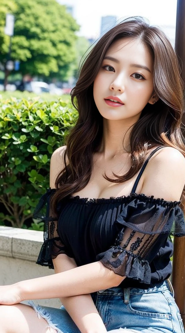 Dark brown hair、Light brown eyes、Japanese actress、 Lady、I am about 40 years old...........、(Intricate details:1.2)、 (Ultra-high resolution:1.2)、Ultra-high resolution、(Finely tuned)、(Detailed facial features)、Hmph、8K resolution、D cup size breasts、Long Hair、TulleTop、FrillsTop、Tulle Frills Top、Denim pants、At the terrace cafe、Basking in the sunshine、Sitting on a chair on the terrace、summer、hot、