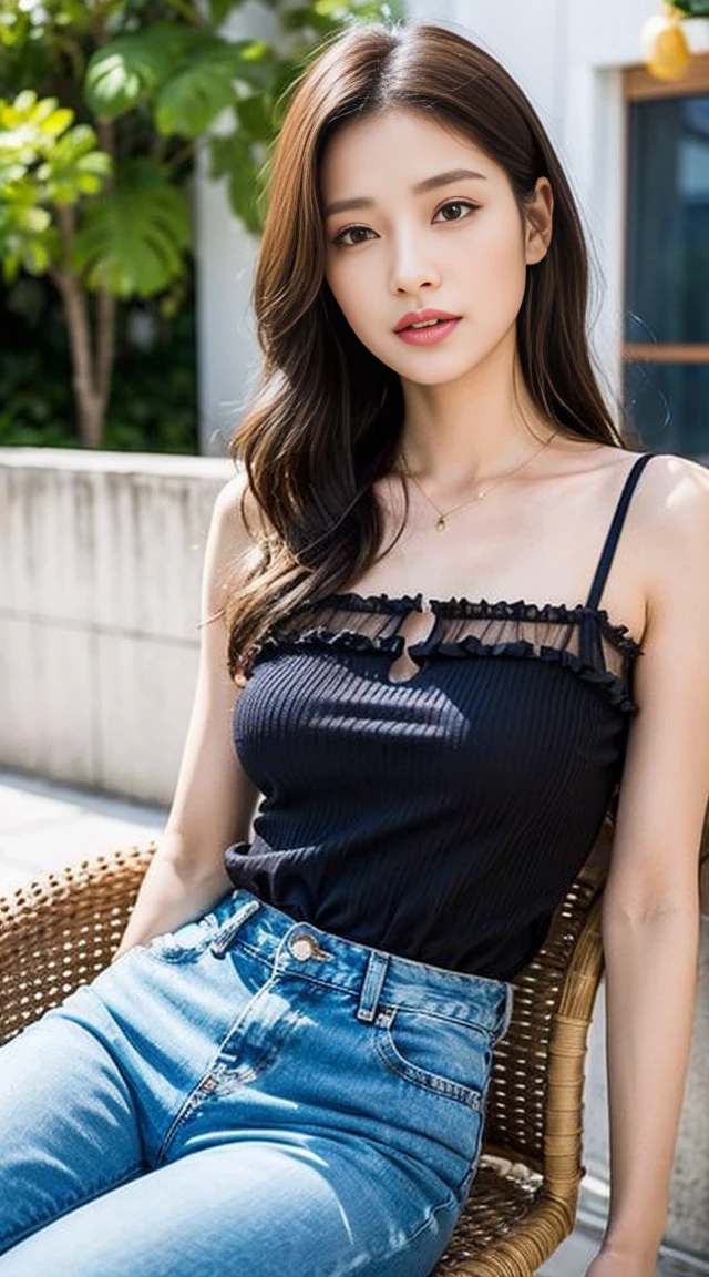 Top-quality Realistic,Official art,Highly detailed CG Unity 8k wallpaper,ultra-detailliert,hight resolution,Physically-based rendering,Magnificat,finely detail,masterpiece,Best Quality,ultra detailed, Face Light,Mature beauty,Beautiful girl,1girl,moist lips,sexy lips,Sexy smile,Gentle smile, 20 years old, Beautiful bare skin,Smooth bare skin,(Beautiful and radiant skin), big well-shaped breasts, beautiful cleavage,beautiful Mature body,swept bangs,(Medium hair:1.3), beautiful detailed eyes,model shoot style,Japanese Idol, Half-body,(In the Pineapple Garden:1.2),((Sitting on the bench seat)),BREAK,nsfw,((Sheer sleeveless blouse with Naked:1.5)),((High-waisted flared jumper skirt with blue belt:1.3)),BREAK,(Heart shaped necklace),(Triangle ornament earrings),BREAK, (gentle smile like a goddess),looking at viewer,shoot from below,(Extreme close-up),