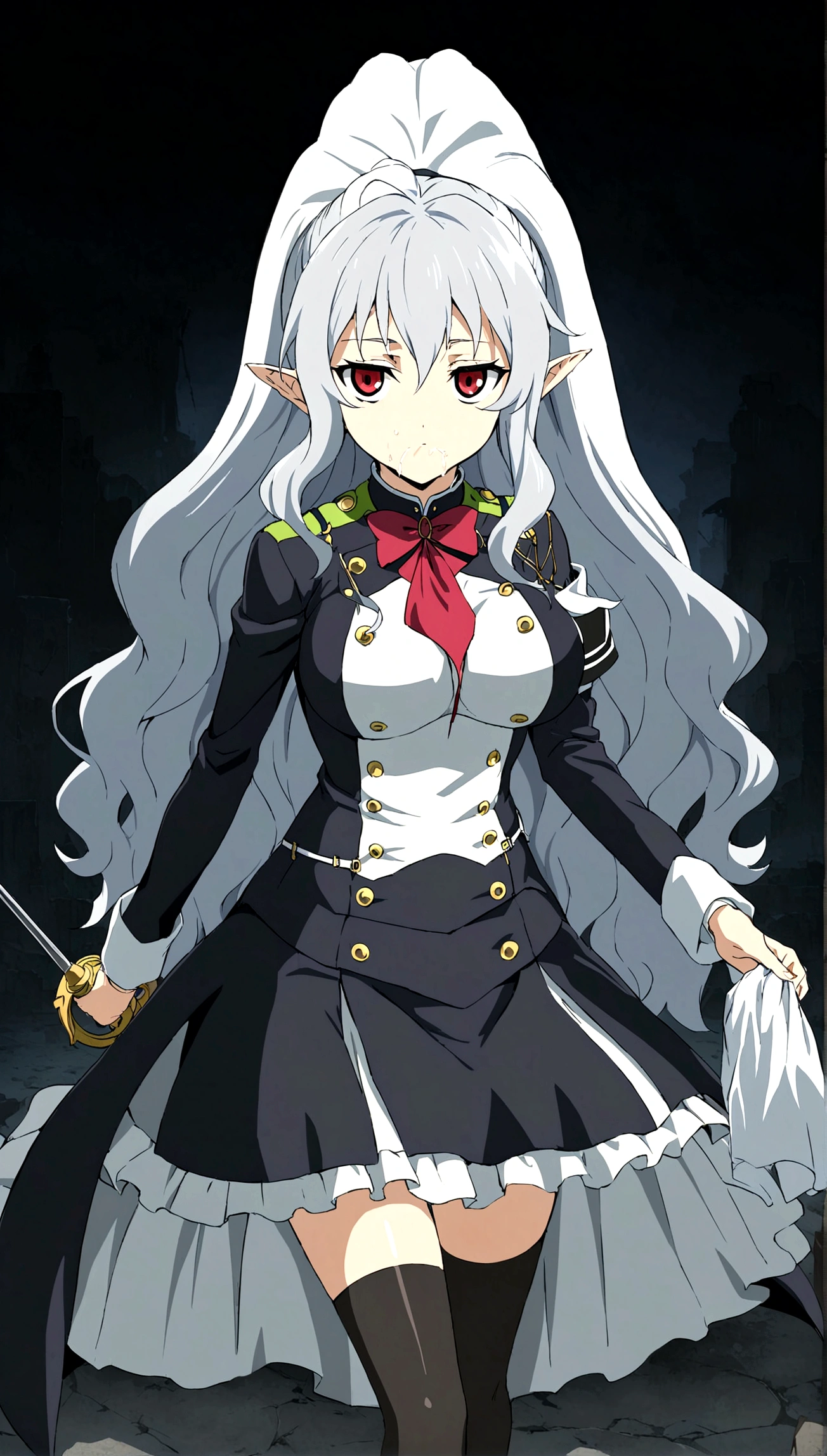 Anime. Owari no Seraph. 1 Girl. Dear . A vampire. Progenitor Clumsy. Silver hair. Wavy hair. Long hair. Red eyes. Beautiful eyes. Perfect eyes. Expressive eyes. Ideal face. Perfect body. Beautiful long ones. legs. Beautiful nose. 18 years. Big breasts. Standing. Full length Beautiful character design. Shiny skin. Pointy ears. White dress. Vampire uniform dress from
Owari no Seraph. Black stockings. Heeled shoes. Rapier in right hand. Cold. Runny nose. Nasal mucus. Snot. Snot flows from the nose. She wants to sneeze. She needs to sneeze. She has a strong, desperate urge to sneeze. She sneezed. Sneezes with snot. sneezes while standing upright. Handkerchief. Hand with a handkerchief near the face. Blows his nose. Ruins of Tokyo. Full body. NSWF. Official art. Extremely detailed CG Unity 8k wallpaper. Ideal lighting. Ultra high resolution 4K. Super detailed 8K. A high resolution.