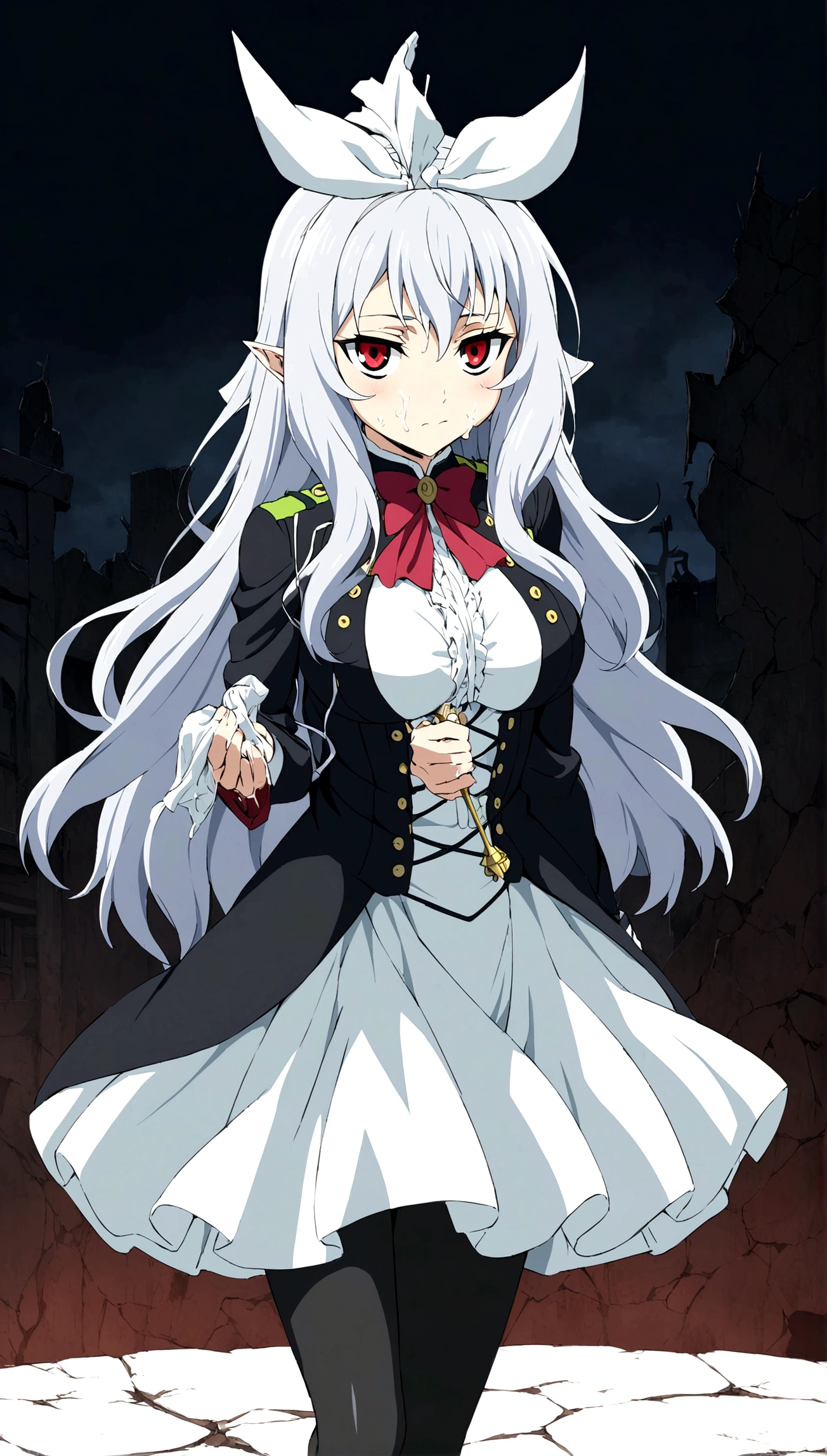 Anime. Owari no Seraph. 1 Girl. Dear . A vampire. Progenitor Clumsy. Silver hair. Wavy hair. Long hair. Red eyes. Beautiful eyes. Perfect eyes. Expressive eyes. Ideal face. Perfect body. Beautiful long ones. legs. Beautiful nose. 18 years. Big breasts. Standing. Full length Beautiful character design. Shiny skin. Pointy ears. White dress. Vampire uniform dress from
Owari no Seraph. Black stockings. Heeled shoes. Rapier in right hand. Cold. Runny nose. Nasal mucus. Snot. Snot flows from the nose. She wants to sneeze. She needs to sneeze. She has a strong, desperate urge to sneeze. She sneezed. Sneezes with snot. sneezes while standing upright. Handkerchief. Hand with a handkerchief near the face. Blows his nose. Ruins of Tokyo. Full body. NSWF. Official art. Extremely detailed CG Unity 8k wallpaper. Ideal lighting. Ultra high resolution 4K. Super detailed 8K. A high resolution.