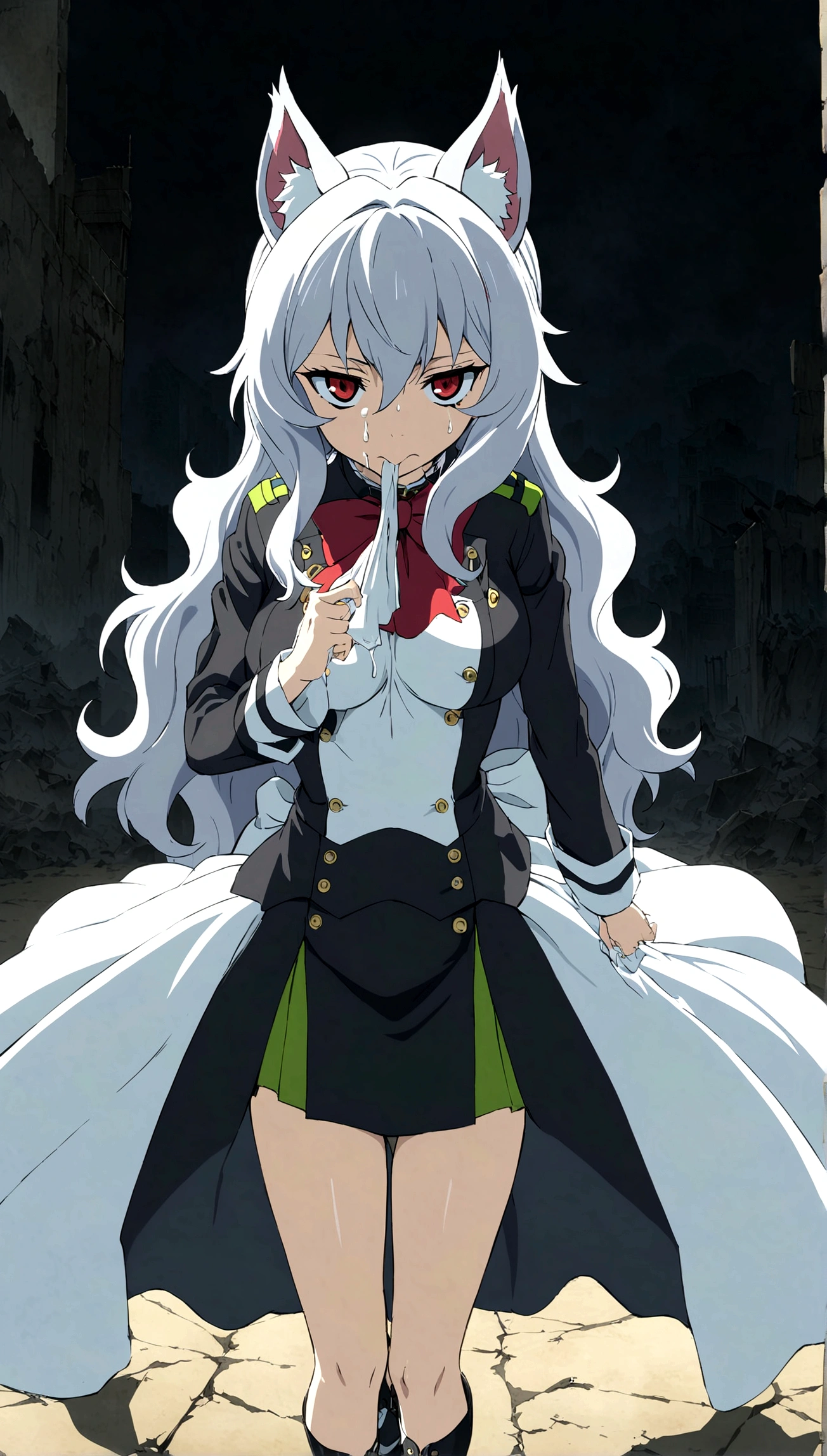Anime. Owari no Seraph. 1 Girl. Dear . A vampire. Progenitor Clumsy. Silver hair. Wavy hair. Long hair. Red eyes. Beautiful eyes. Perfect eyes. Expressive eyes. Ideal face. Perfect body. Beautiful long ones. legs. Beautiful nose. 18 years. Big breasts. Standing. Full length Beautiful character design. Shiny skin. Pointy ears. White dress. Vampire uniform dress from
Owari no Seraph. Black stockings. Heeled shoes. Rapier in right hand. Cold. Runny nose. Nasal mucus. Snot. Snot flows from the nose. She wants to sneeze. She needs to sneeze. She has a strong, desperate urge to sneeze. She sneezed. Sneezes with snot. sneezes while standing upright. Handkerchief. Hand with a handkerchief near the face. Blows his nose. Ruins of Tokyo. Full body. NSWF. Official art. Extremely detailed CG Unity 8k wallpaper. Ideal lighting. Ultra high resolution 4K. Super detailed 8K. A high resolution.