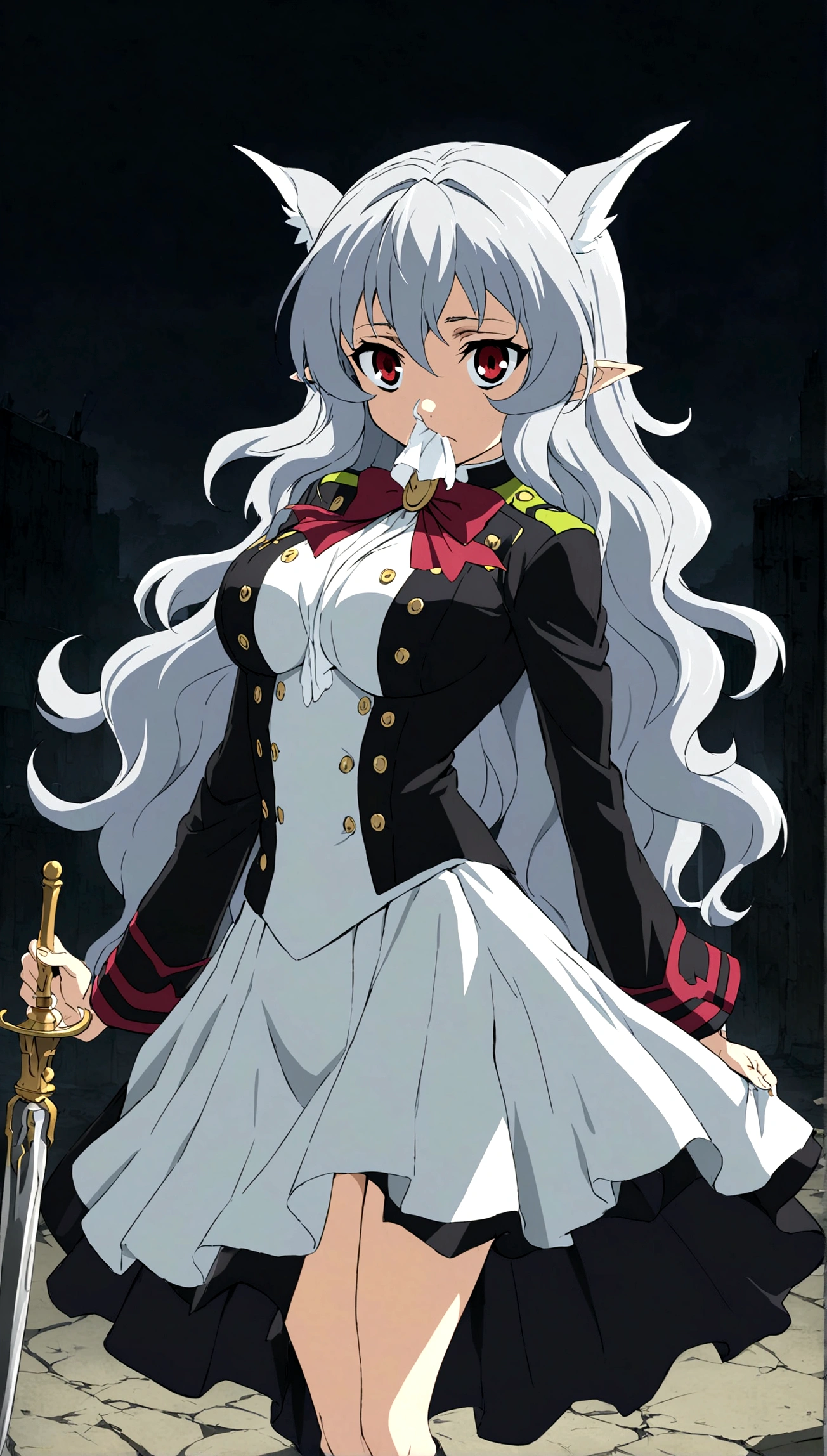 Anime. Owari no Seraph. 1 Girl. Dear . A vampire. Progenitor Clumsy. Silver hair. Wavy hair. Long hair. Red eyes. Beautiful eyes. Perfect eyes. Expressive eyes. Ideal face. Perfect body. Beautiful long ones. legs. Beautiful nose. 18 years. Big breasts. Standing. Full length Beautiful character design. Shiny skin. Pointy ears. White dress. Vampire uniform dress from
Owari no Seraph. Black stockings. Heeled shoes. Rapier in right hand. Cold. Runny nose. Nasal mucus. Snot. Snot flows from the nose. She wants to sneeze. She needs to sneeze. She has a strong, desperate urge to sneeze. She sneezed. Sneezes with snot. sneezes while standing upright. Handkerchief. Hand with a handkerchief near the face. Blows his nose. Ruins of Tokyo. Full body. NSWF. Official art. Extremely detailed CG Unity 8k wallpaper. Ideal lighting. Ultra high resolution 4K. Super detailed 8K. A high resolution.