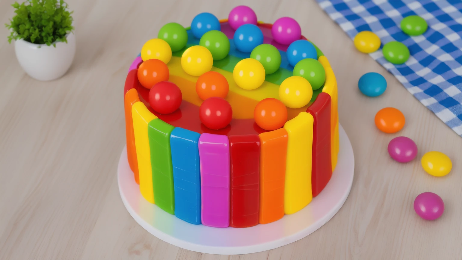on a wooden table, cake on a white plate. rainbow chocolate bar cake, rainbow ganage on top, rainbow spheres made of polymer clay. there is a blue checkered tablecloth on the table. scattered rainbow jelly beans. there is a vase with a plant on a wooden table. Realistic style, realistic texture, detailed texture, bright lighting, Beautiful light from the window, high quality, A high resolution, macro photography, ultra hd 4k, Beautiful sunlight