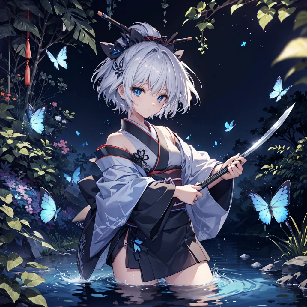 (((1 person)))　((High resolution　Gray Hair　short hair　Black kimono　shoulder))　((Black Band　military commander　Lonely　despair　blue eyes))　((Blue Butterfly　night　Japanese style　old　Shining Aura　garden　water surface))　(dance　日本knife　knife　Slashing)　moon　star 