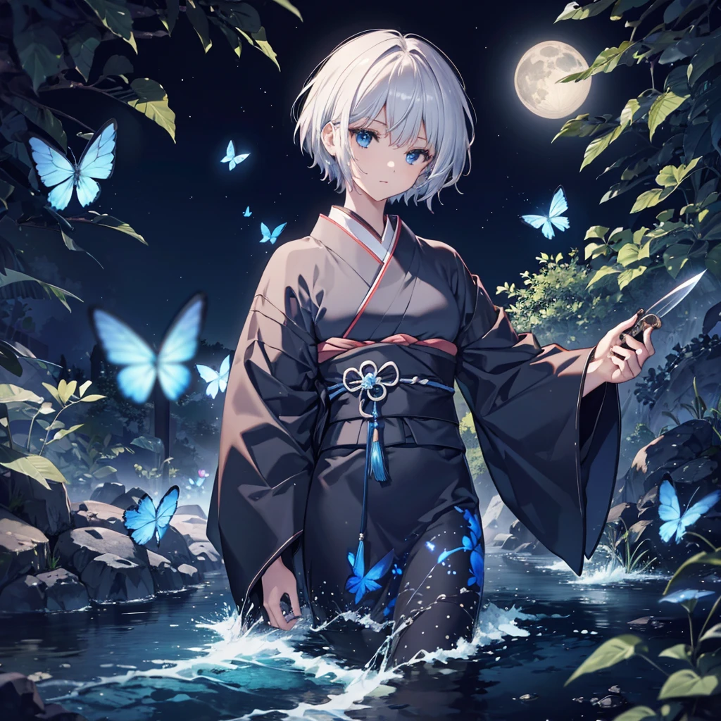 (((1 person))) ((High resolution Gray Hair short hair Black kimono shoulder)) ((Black Band military commander Lonely despair blue eyes)) ((Blue Butterfly night Japanese style old Shining Aura garden water surface)) (dance 日本knife knife Slashing) moon star