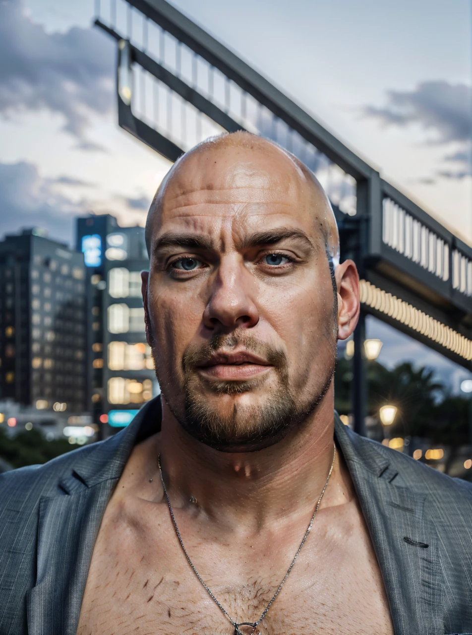 (absurdres, highres, ultra detailed, realistic, ), 1 male, solo, adult, mature, tall muscular guy, broad shoulders, handsome, very short hair, bald, blue eyes, angular bearded jaw, thick neck, thick eyebrows, night, dark, the night view of the city background, formal suit, necktie, upper body
