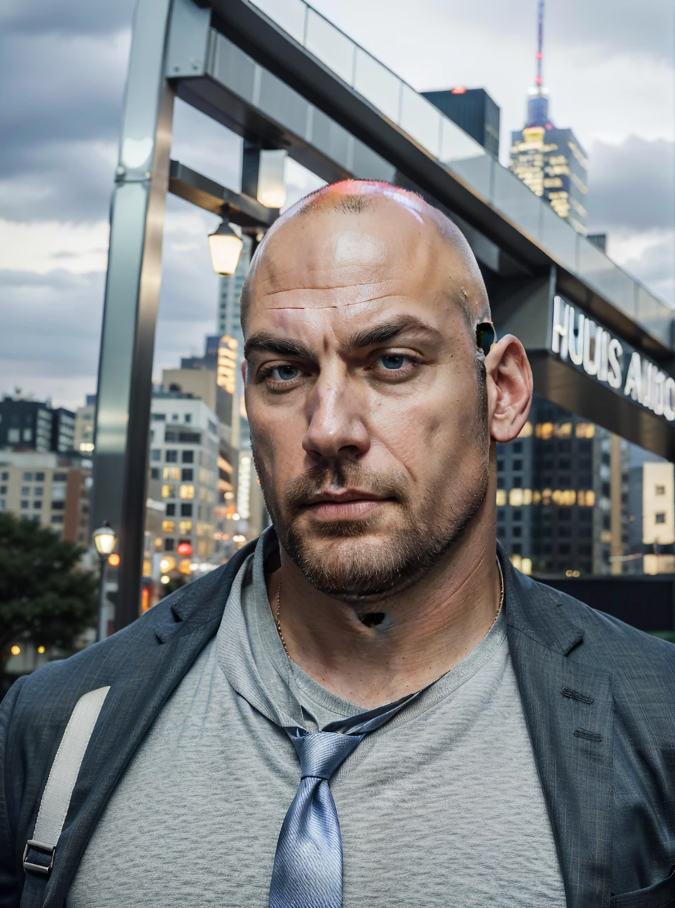 (absurdres, highres, ultra detailed, realistic, ), 1 male, solo, adult, mature, tall muscular guy, broad shoulders, handsome, very short hair, bald, blue eyes, angular bearded jaw, thick neck, thick eyebrows, night, dark, the night view of the city background, formal suit, necktie, upper body