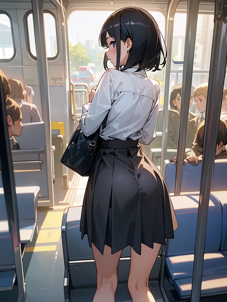 A young girl in , your skirt is too short causing your panties to show and show your entire ass. She's on a bus, surrounded by men trying to touch her ass.