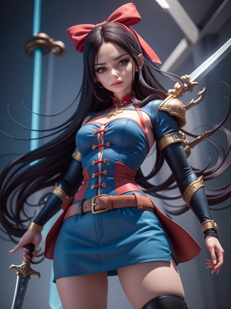 female mascot, small, , Ray-tracing, Waist slender, small, with ancient clothes, detailed, Russian robes, warm clothing, hot pants e botas, with sword in hand, futuristic gun pointing left, pose to the left, detailed doom style sword, large sword with different colors, futuristic sword, cintura small, complex light, cyberpunk sword in hand, sock with horizontal stripes in two colors up to the thigh, complex light, wool, pants with many folds, exclusive gloves, dynamic position, dark look, dark look, giant sword in hand, attacking, belts around the waist, detailed hem, giant laser sword, dark look, shorts, Darkening, Eyes red, Traits I didn't bring, prints, big thorns bracelet, shorth hair, Power spells,High subsurface, High subsurface, occlusion environment, ((dark look)), dark look, black costumes, shorth hair, big gloves, Bodysuit, (tied hair), hair divided into two, full-body vision, hair tied with ribbons and large bows, joelheiras detailed, ((blackquality hair)), ((blue short dress with stylish rip at the waist)),mortal kombat, detailed top, shoulder pads rich in details, Thigh-high boots, hair divided into two, stamped, red details,((sexy)),((peitões)),(((super sensual)))