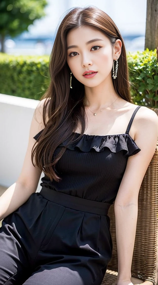 Dark brown hair、Light brown eyes、Japanese actress、 Lady、I am about 40 years old...........、(Intricate details:1.2)、 (Ultra-high resolution:1.2)、Ultra-high resolution、(Finely tuned)、(Detailed facial features)、Hmph、8K resolution、D cup size breasts、Long Hair、TulleTop、FrillsTop、Tulle　Frills　Top、Wide-leg trousers、At the terrace cafe、Basking in the sunshine、Sitting on a chair on the terrace、summer、hot、