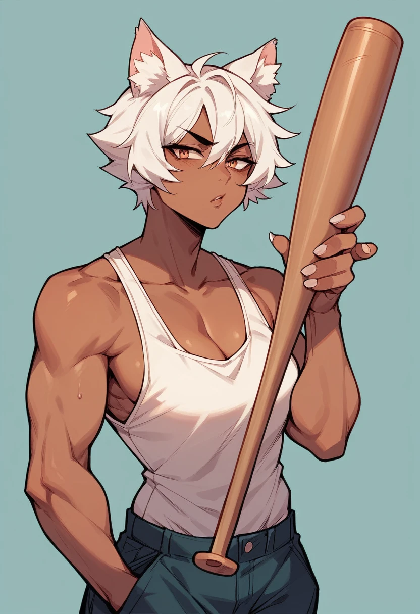 1girl, alone, Saiyan, white hair, green eyes, defined muscles, thin waist, wide hips, dark skin, medium breasts, no clothes, nude, bobs, ,futanari, big dick, has dick, using dick, dick between her groin, girl with long dick, girl with her own dick, big balls between her groin .