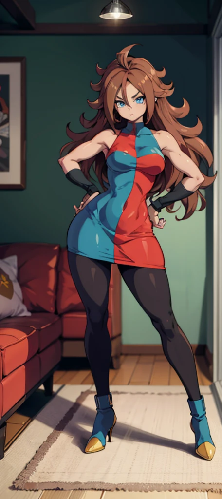 android 21, cups, pose lateral, She is sideways to the spectator, long brown hair, blue colored eyes, plaid dress, pantyhose, looking to the side, pose lateral, standing, ele está standing, serious, legs spread open, livingroom, light bulb, high qualiy, work of art, legs thick, big-ass, body healed,