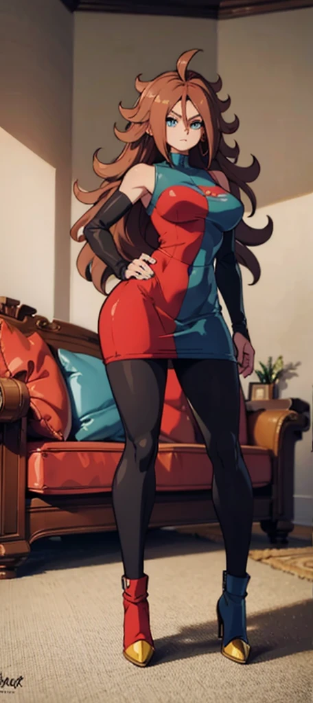 android 21, cups, pose lateral, She is sideways to the spectator, long brown hair, blue colored eyes, plaid dress, pantyhose, looking to the side, pose lateral, standing, ele está standing, serious, legs spread open, livingroom, light bulb, high qualiy, work of art, legs thick, big-ass, body healed,