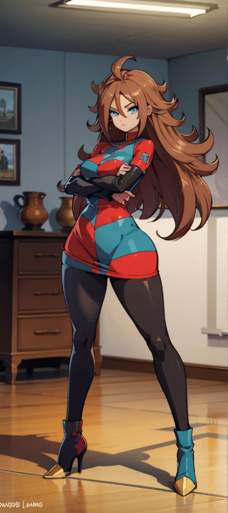 android 21, cups, pose lateral, She is sideways to the spectator, long brown hair, blue colored eyes, plaid dress, pantyhose, looking to the side, pose lateral, standing, ele está standing, serious, legs spread open, livingroom, light bulb, high qualiy, work of art, legs thick, big-ass, body healed,