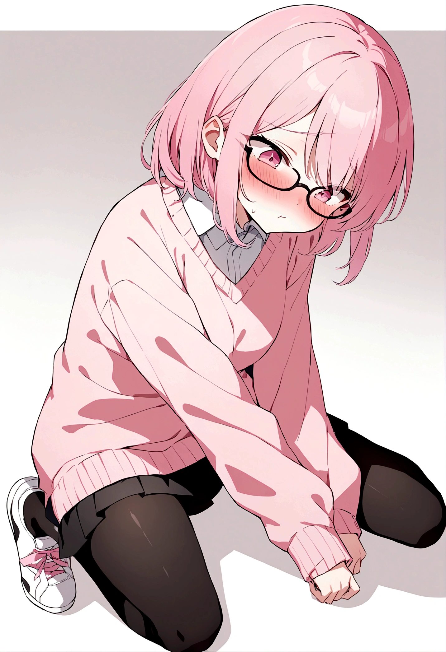 pink hair black glasses pink eyes extremely blushing a big pink sweater short black skirt black stockings white tennis shoes that is a reserved girl that is pouting
