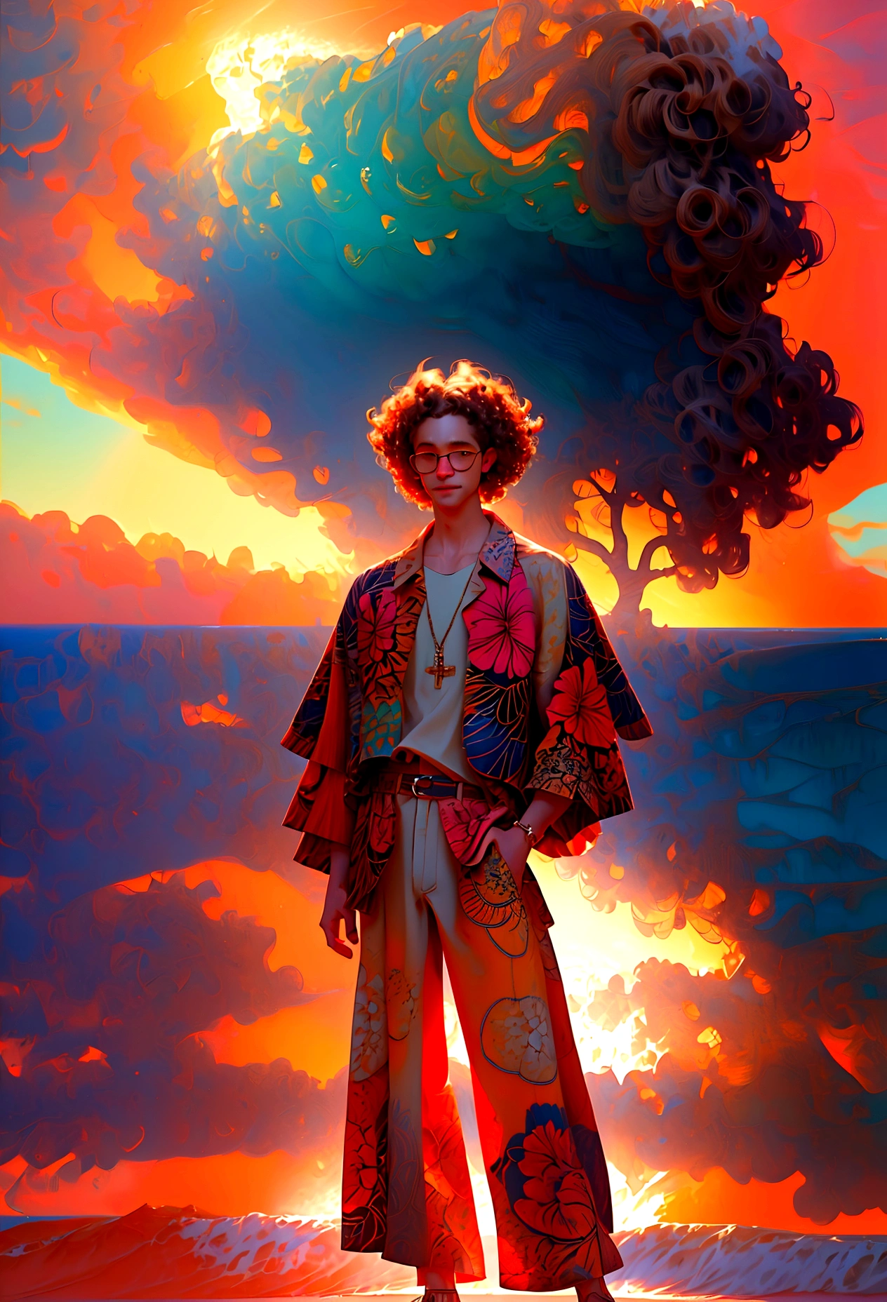 a man with curly hair wearing a hawaiian shirt and glasses, standing on a beach in warm sunlight, highly detailed, digital art, anime style, 8k, best quality, masterpiece, vibrant colors, dynamic lighting, intricate details, beautiful scenery, serene atmosphere