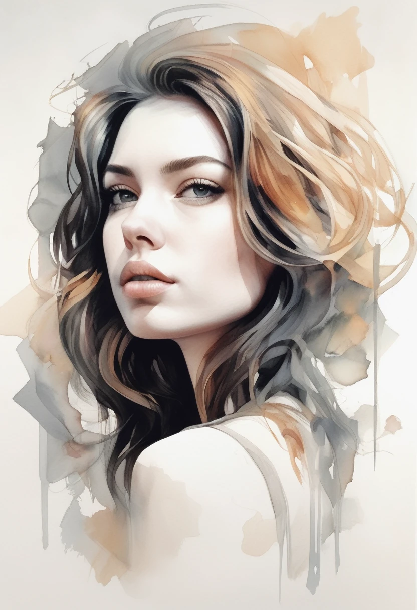 Sarah Shannon, (Vector art:1.4), Minimalism、Beautiful face girl、White background、Drawn in black pencil、diego gisbert lawrence、Joe San Gonzalez Dan Mumford、Picture book illustrations、vague、superwide shot、Highest quality、Intensive、Golden ratio composition、Watercolor、