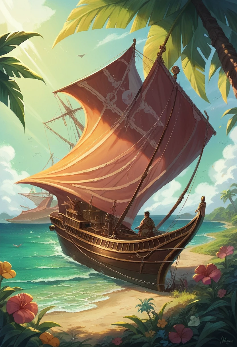 a pirate man, detailed facial features, beautiful eyes, lush tropical landscape, sailing ship, golden treasure, dramatic lighting, cinematic composition, vibrant colors, oil painting, masterpiece,melayu,melayu