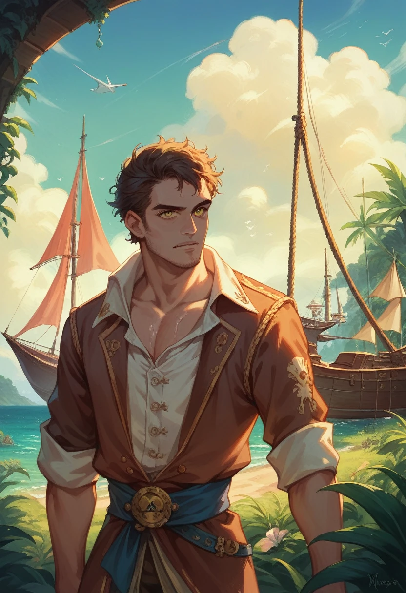 a pirate man, detailed facial features, beautiful eyes, lush tropical landscape, sailing ship, golden treasure, dramatic lighting, cinematic composition, vibrant colors, oil painting, masterpiece,melayu,melayu